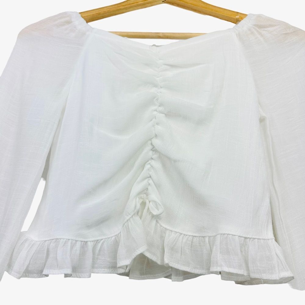Knit Works Cottagecore White Ruched Ruffle Trim Crop Top - Picture 5 of 6